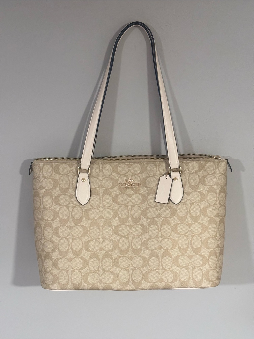 Coach Beige Signature Canvas Tote with Cream Leather Trim